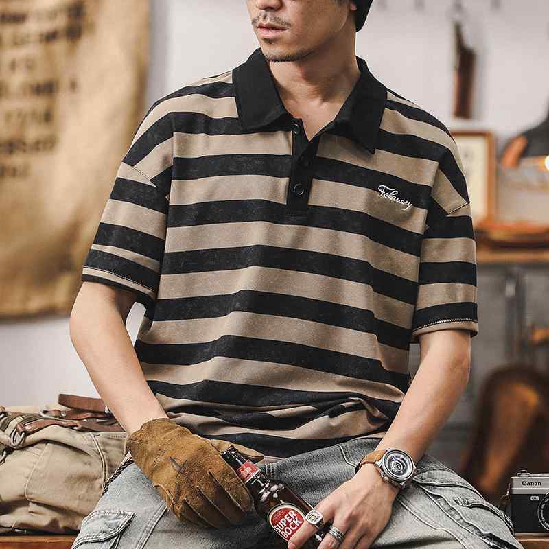 ポロシャツ アメリカン コットン 半袖 夏 コントラスト ストライプ カジュアル Tシャツ メンズ ブラック ブラウン ホワイト コーヒー グリーン
