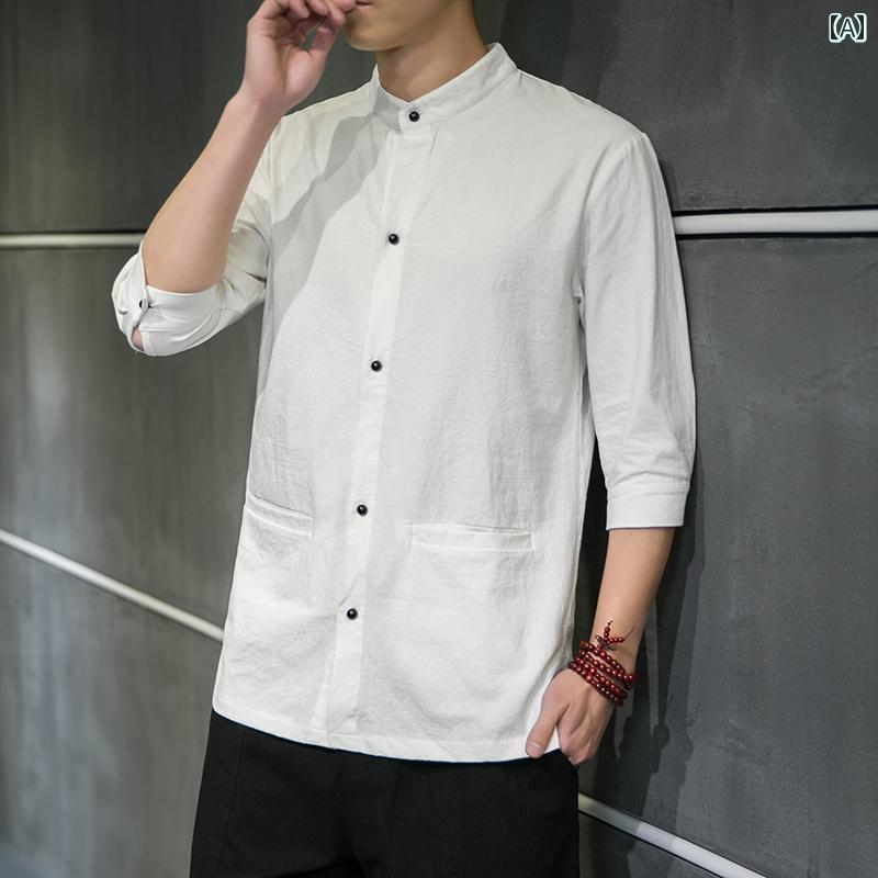 シャツ トップス メンズ カジュアル スタイリッシュ チャイナ風 夏 薄手 綿 リネン 七分袖 スタンドカラー 大きめサイズ 麻 シンプル ミッドスリーブ 茶 素人