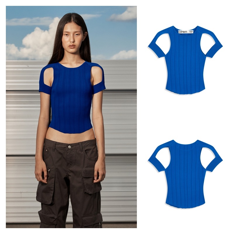 【OPEN Yy】 PLEATED CUT-OUT KNIT TOP : BLUE