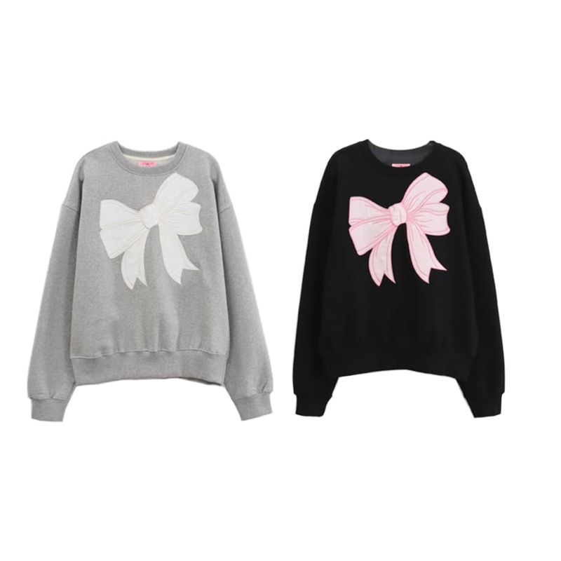 [チェイェナ 着用] BIG RIBBON APPLIQUE SWEATSHIRTS 韓国 アイドル 裏起毛 長袖 レディース メンズ 大きいサイズ ゆったり 秋 冬