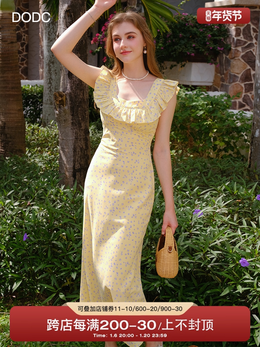 Dodc フランスの花柄ドレス女性の新しい夏のスタイル大きなフリルデザイン海辺の休暇黄色のスカートウエスト