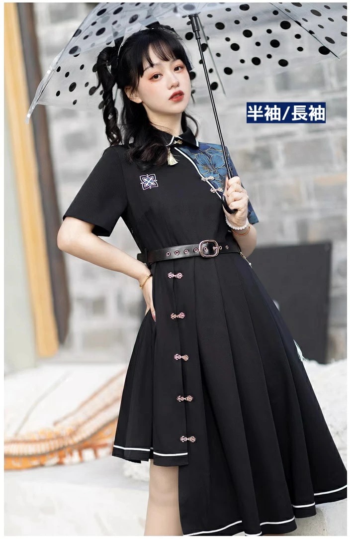 チャイナ風ドレス ロリータドレス 改良風 半袖 長袖 ミモレ丈 切り替え 中華風 花柄 不規則裾 暗黒系 プリーツスカート ベルト付き ワンピース レディース ロリータ ハロウィン返送 仮装 ハロウ