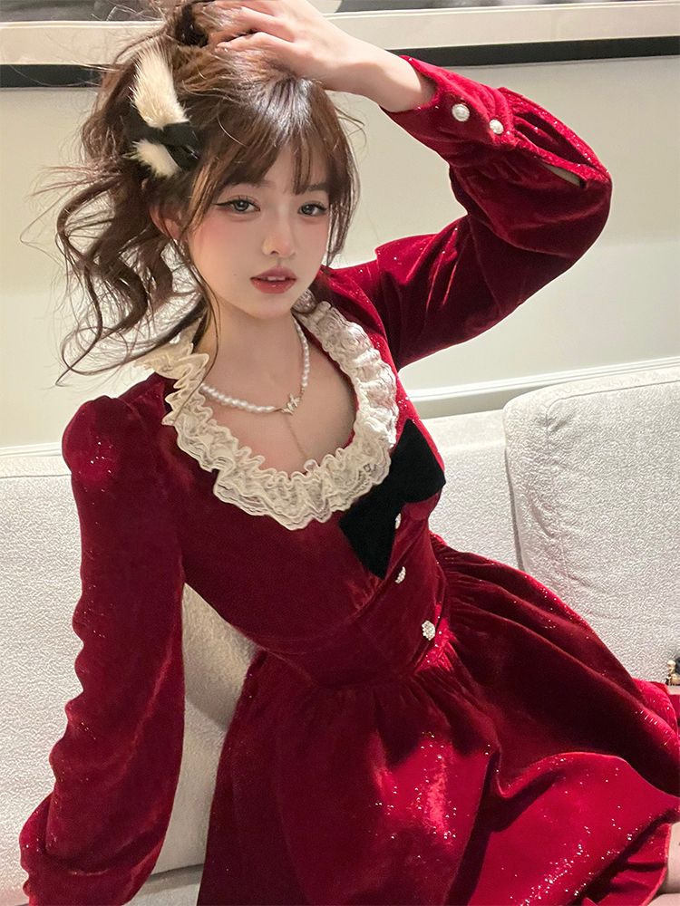2026新品大人気クリスマスコフレ コフレ フレンチレトロ 長袖赤ベルベットワンピース 森系 レースの クリスマス コスム