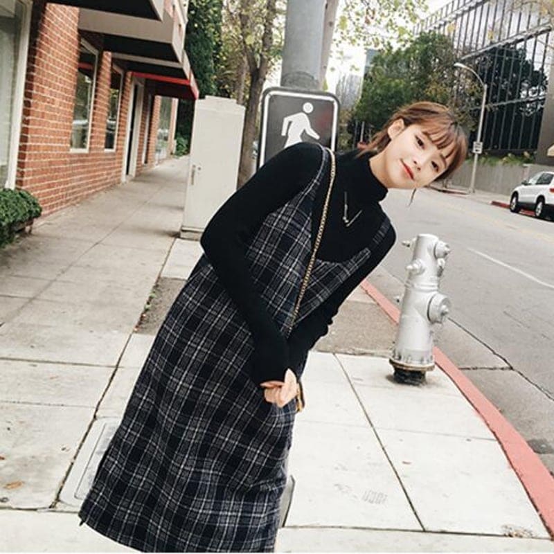 ハイネックニット チェックワンピース セットアップ セーター ミモレ ミモレ丈 ミディアム丈 袖あり 長袖 ハイネック スリム 細身 Iライン ウール 2点セット ツーピース かわいい 大人可愛い