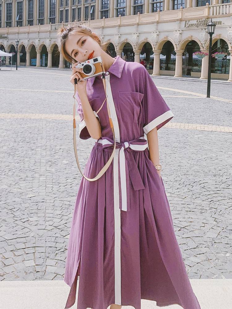 レディース ワンピース 人気 通販 マキシ丈 シャツワンピ 半袖 バイカラー ロング 個性的 襟付き 袖あり ボタン ハイウエスト 腰ひも ウエストリボン 結び ポケット付き Aライン スリット