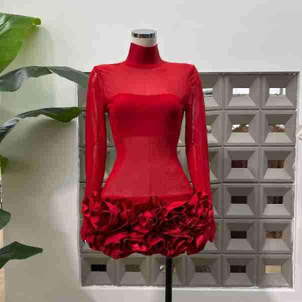 スタンドカラーパースペクティブアメリカンセクシーレッド長袖花柄ワンピースパーティー雰囲気ギャルミニスカート