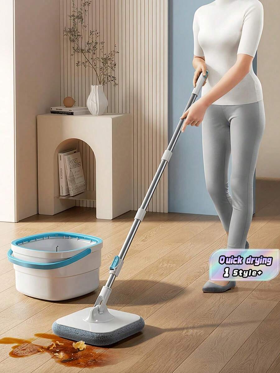 360度回転 簡単絞り式スピンモップ フロアクリーニングツール 長柄 ウェット&ドライ フロアモップ ホームキッチンバスルームハウスクリーニング用品 素早く乾く効率的なモッピングシステム