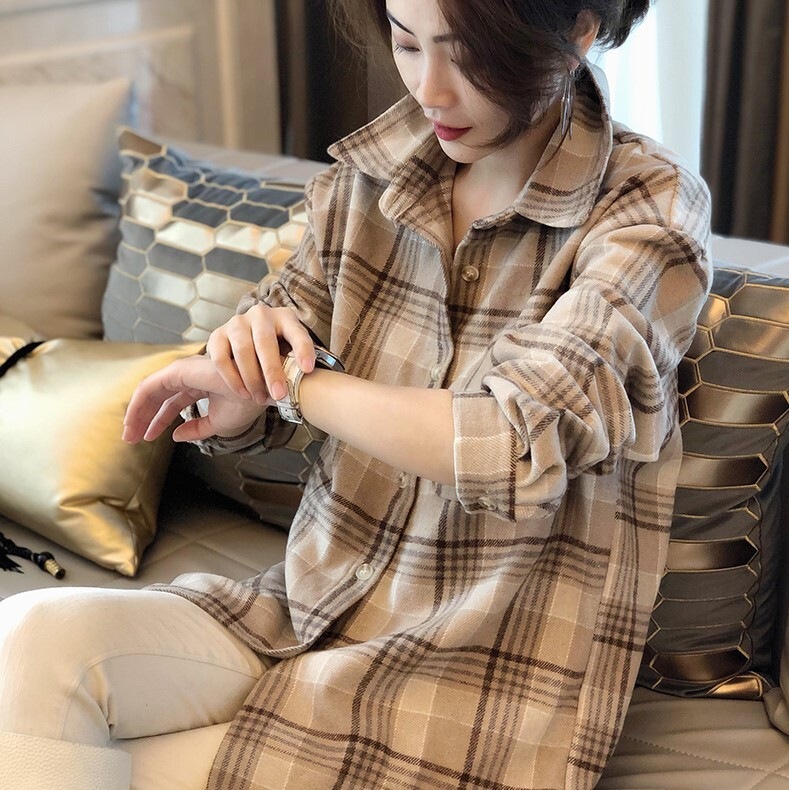 チェック柄シャツ ブラウン ブルー ピンク トップス シャツ ブラウス スリム 細身 ストレート