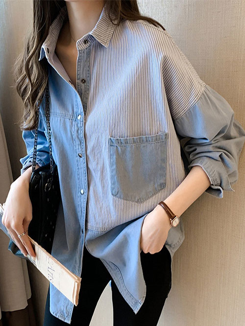 【見逃し厳禁】 韓国系 デニム 配色 切り替え シングルブレスト シャツ