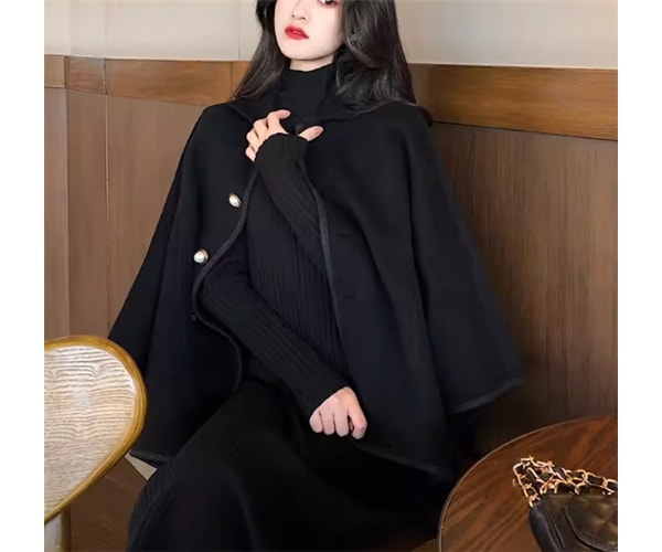 二点セット ツーピース レディース ワンピース コート セットアップ ニットワンピ ウール ケープコート 長袖 ハイネック フェミニン ハイウエスト ボタン 厚手 かわいい 大人可愛い きれいめ