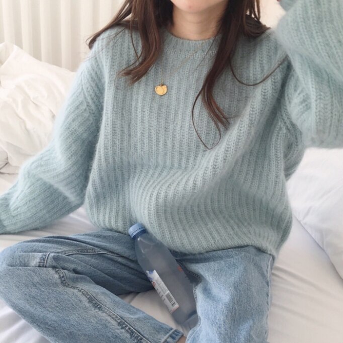 4color トップス ニット セーター 長そで 長袖 ラウンドネック もこもこ モコモコ ふんわり