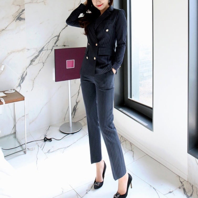 セットアップ スーツ パンツ ボトムス ジャケットベルト ハイウエスト ダブルブレスト 長袖 ロング ストライプ アンクル丈 センタープレス セミフレア ストレート 襟付き Vネック レトロ lsu0