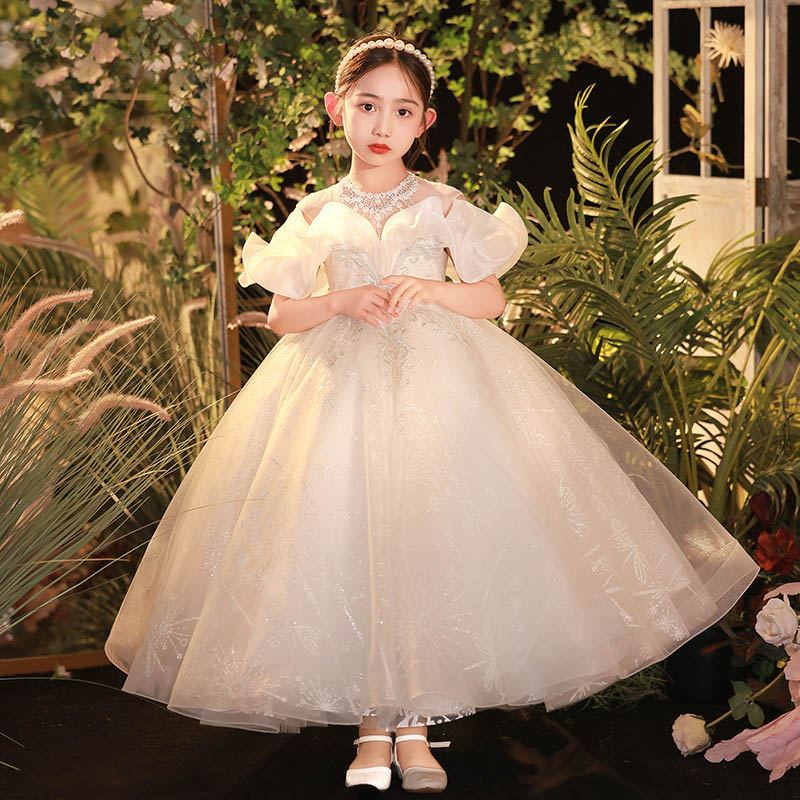 ピアノ発表会ドレス 子供ドレス 白 オフショルダー フリル ビーズ 花柄 オシャレ ロングドレス 女児ドレス 演奏会ドレス ホワイト 可愛いドレス 女の子 キッズドレス フォーマル 100~160cm