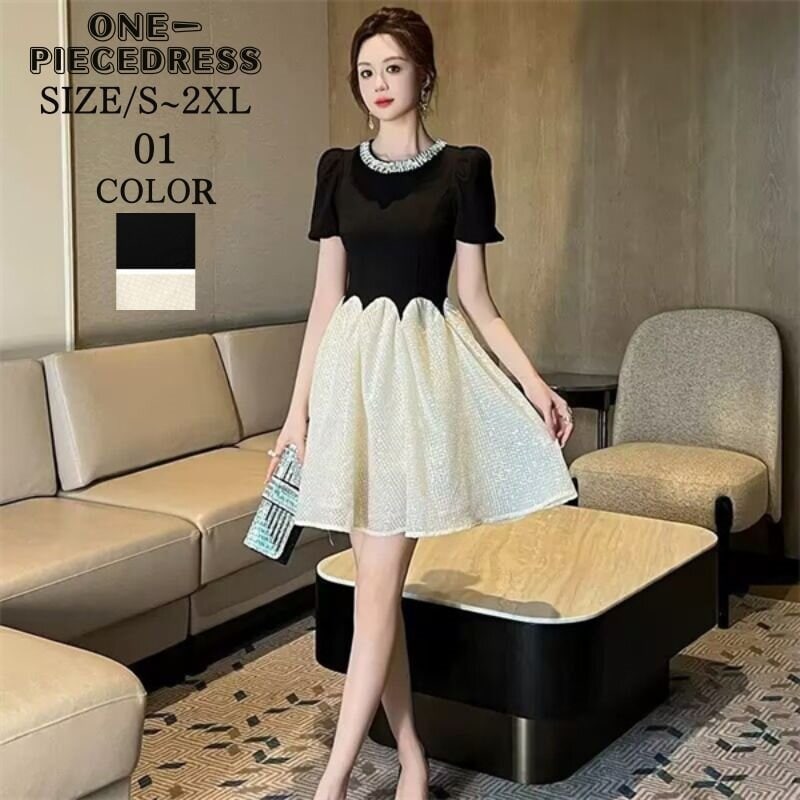 ワンピスドレス　Aラインワンピース　パーティードレス　ミニ丈ワンピース　フォーマルドレス　ビーズ付き　切り替え　半袖　姫系　セクシー上品 大人 きれいめ キャバ嬢　お水　結婚式 20代 30代 40代