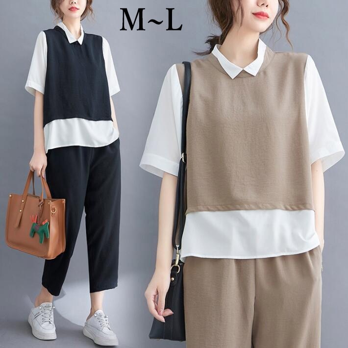 セットアップ　2点セット　Tシャツ　トップス　ボトムス　パンツ　テーパード　イージーパンツ　半袖　切替　フィッシュテール　ウエストゴム　レディース　カジュアル　大きいサイズ　夏　M　L 5,497円