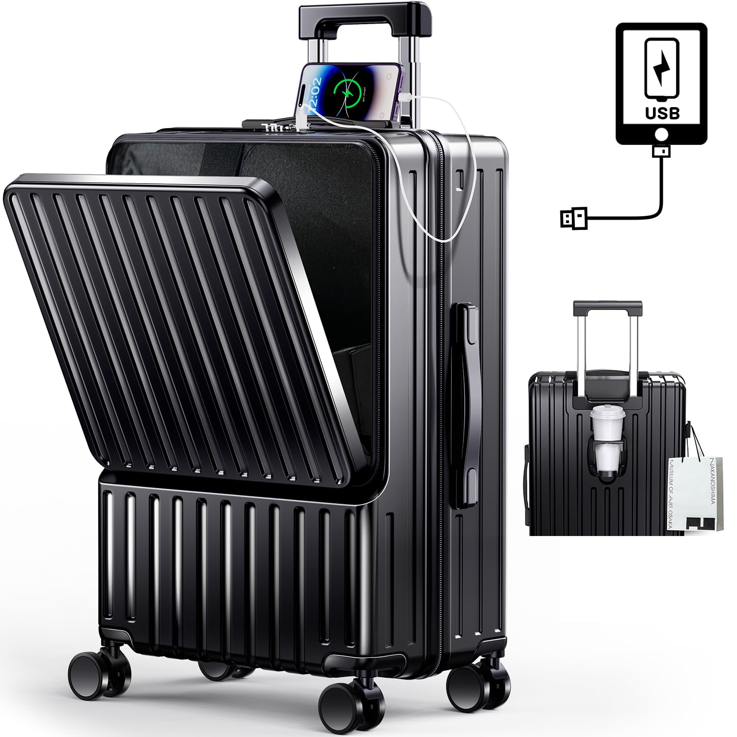 [BARGOHOY] スーツケース フロントオープン 多機能 キャリーケース 軽量 カップホルダー付き 隠しフック機能 キャリーバッグ USBポート付き 耐衝撃 静音 360度回転 TSAローク ファ