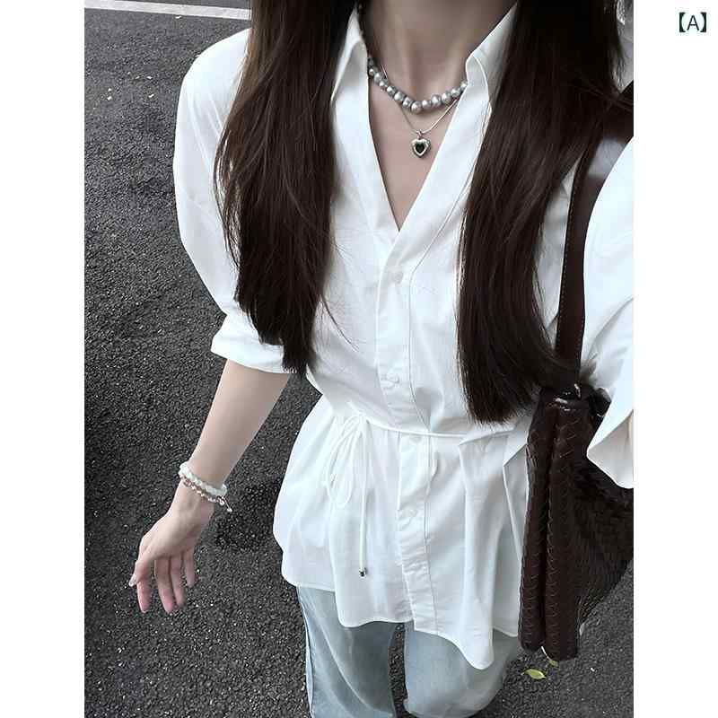 レディース ファッション おしゃれ カジュアル 普段使い フレンチ シャツ レトロ ホワイト 半袖 シャツ 夏 薄手 涼しい 涼しい 日焼け防止 シャツ レースアップ ウエスト