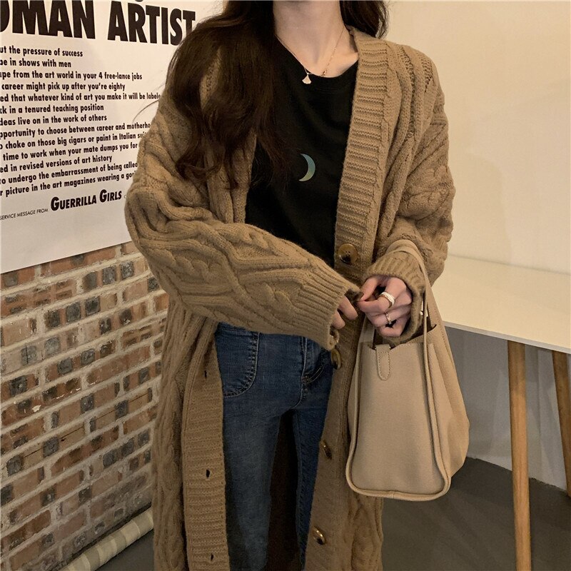 ２色 トップス ニット カーディガン レディース 秋冬 春 かわいい カジュアル ゆったり 厚手 長袖 ロング丈 長袖 ボリューム袖 Vネック ワイド 前開き ケーブルニット 透け感 ホワイト ブラウ