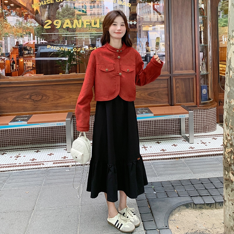 おしゃれなデニムジャケットベストスカートスーツ2024新作スエードジャケットロングスカート2点セット