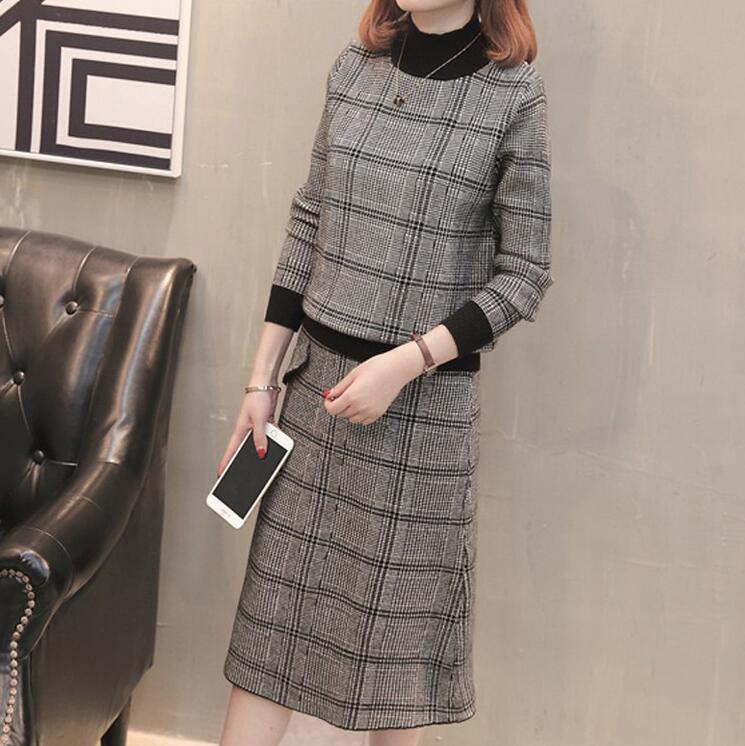チェック柄ニットセットアップ　セーター　プルオーバー　スカートセット　トップス　タートルネック　体型カバー 着痩せ　レディース 秋 冬　ミディアムスカート　Aラインスカート　タイトスカート　通勤 オフ
