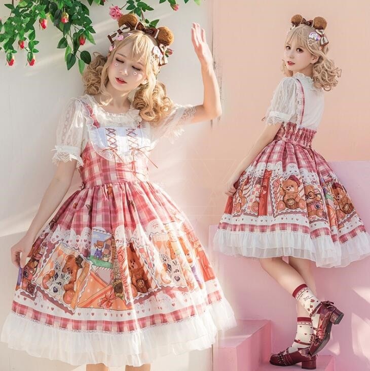 【夏セール！】チェック柄 ロリータワンピース キャミソール ロリータ服 熊柄 可愛いドレス lolita スカラップワンピース 花見 撮影衣装 コスプレ 学園祭 イベント コスチューム