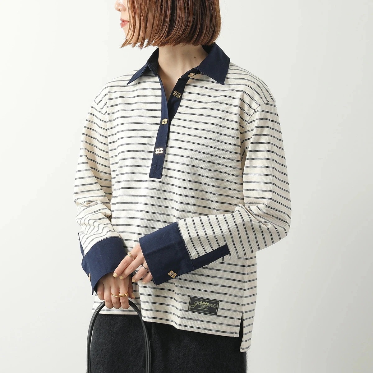 GANNI ガニー ポロシャツ Single Piquet Jersey Polo T4215 3701 レディース ボーダー コットン カットソー 長袖 135/Egret