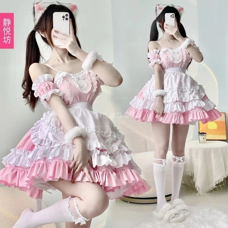 コスプレ衣装 三点セット 学院祭用 メイド服 新作ロリータ 今年人気爆発中ロリータ ホルタードレス 人气 ピンク 二次元 ロリータ アニメ