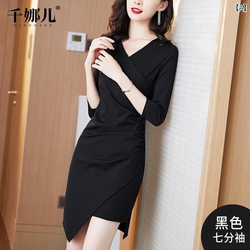 レディース　ドレス　ワンピース 不規則な ドレス 春秋 2025 スタイル Vネック ミドル 丈 スリムフィット ブラック 長袖 プロ スカート