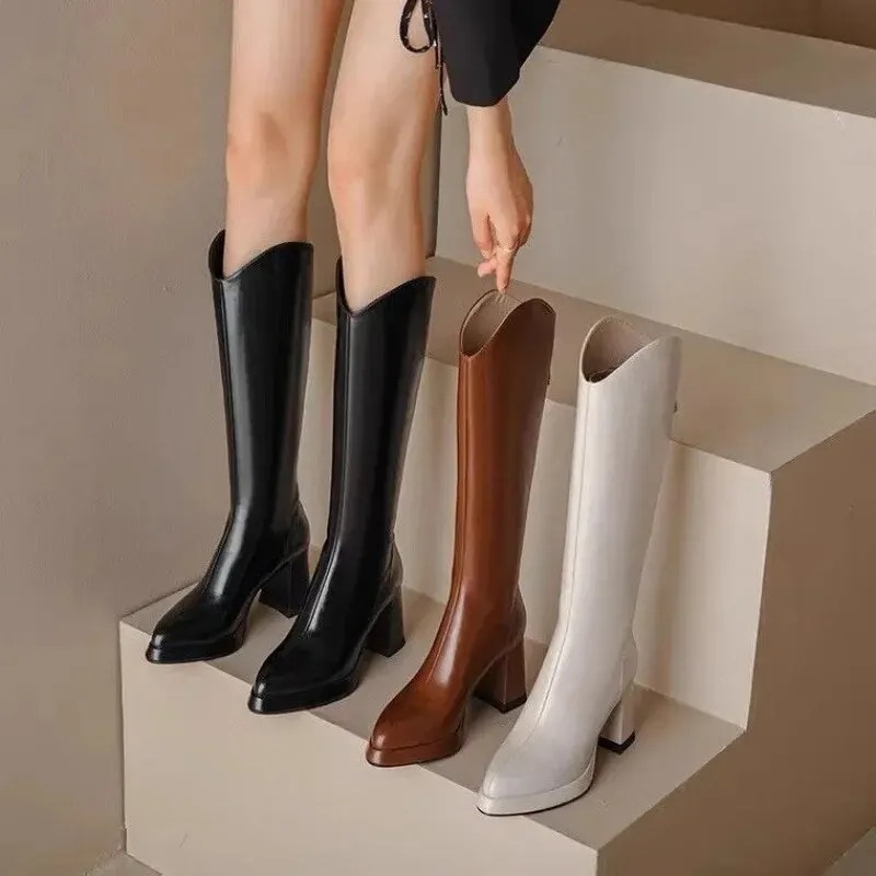 女性用ハイヒールロングブーツ ハイヒールブーツ 先のとがったつま先 バックジッパー Vカット 厚手のチューブ 秋冬スタイル