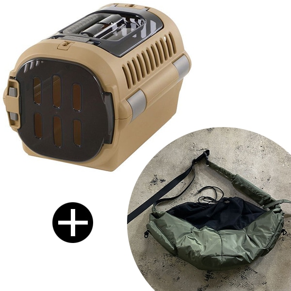 キャンピングキャリーファイン ダブルドア S ブラウン + PUFF PET PUFF SLING P25001-54 カーキ ペットキャリー セット