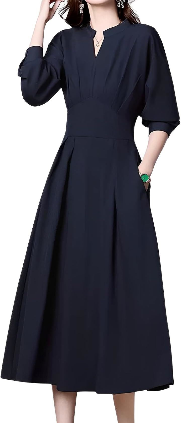 vネック ワンピース ロング 長袖 レディース 春ワンピース 入学式 オフィスカジュアル パーティードレス タイトワンピース(ネイビー, M) 5,245円