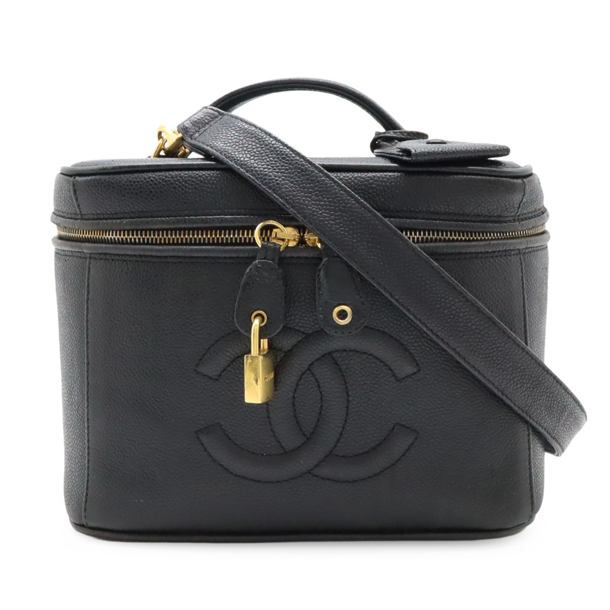 ココマーク キャビアスキン バニティバッグ ハンドバッグ 化粧ポーチ コスメポーチ 2WAY ショルダーバッグ ブラック 黒 A0632