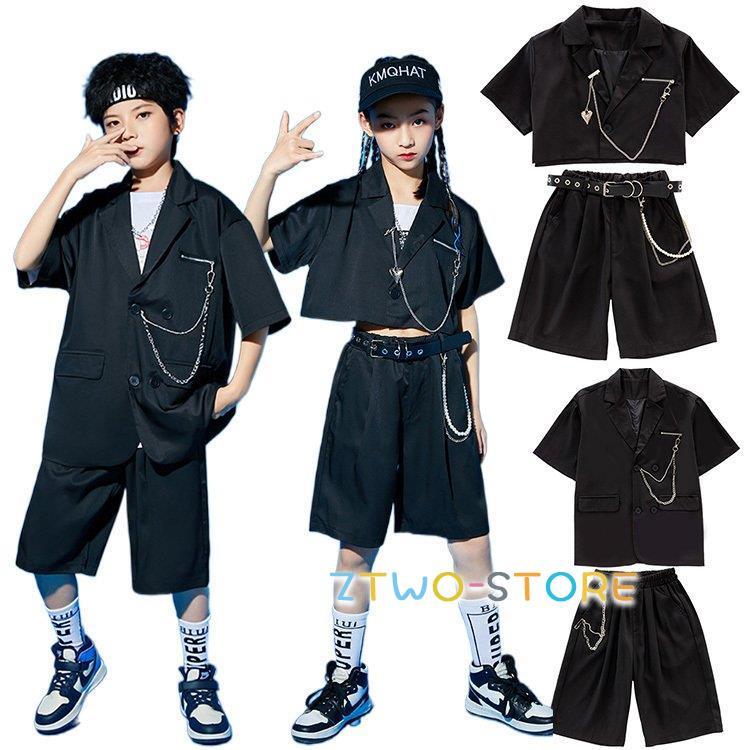新しい子供用ダンスウェア ダンス衣装 セットアップ 黒 スーツ 団体服 ヒップホップ衣装 キッズダンス衣装 K-POP 演出服 舞台服 練習着 レッスン着 jazz ジャズダンス ステージ 子供服 2