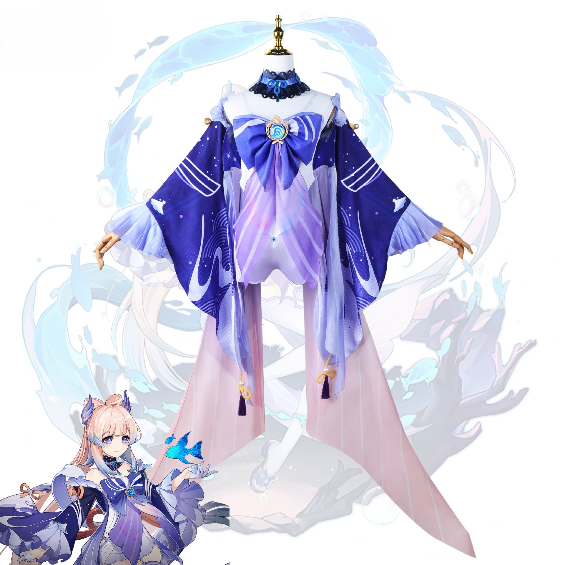【超人気商品】原神風 珊瑚宮心海 コスプレ衣装 5キャラクター ゲームテーマアニメコスチューム (かつら/靴付き）（非公式）