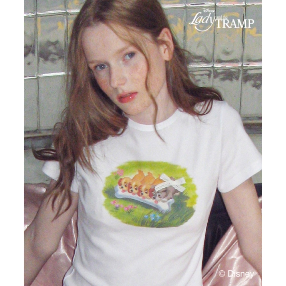 RONRON 愛らしいパピーズクロップスリムフィット T シャツホワイト