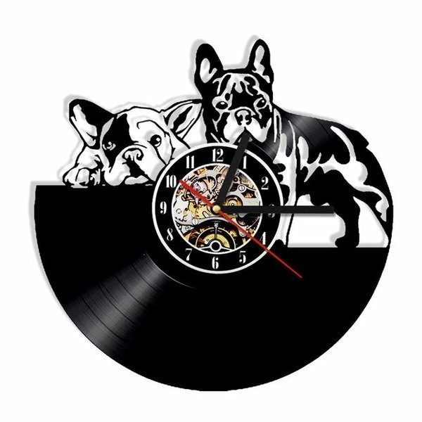 大人気 上品 犬 フレンチブルドッグ レコード盤 壁掛け時計 クロック ウォッチ インテリア アートブラック 30cm
