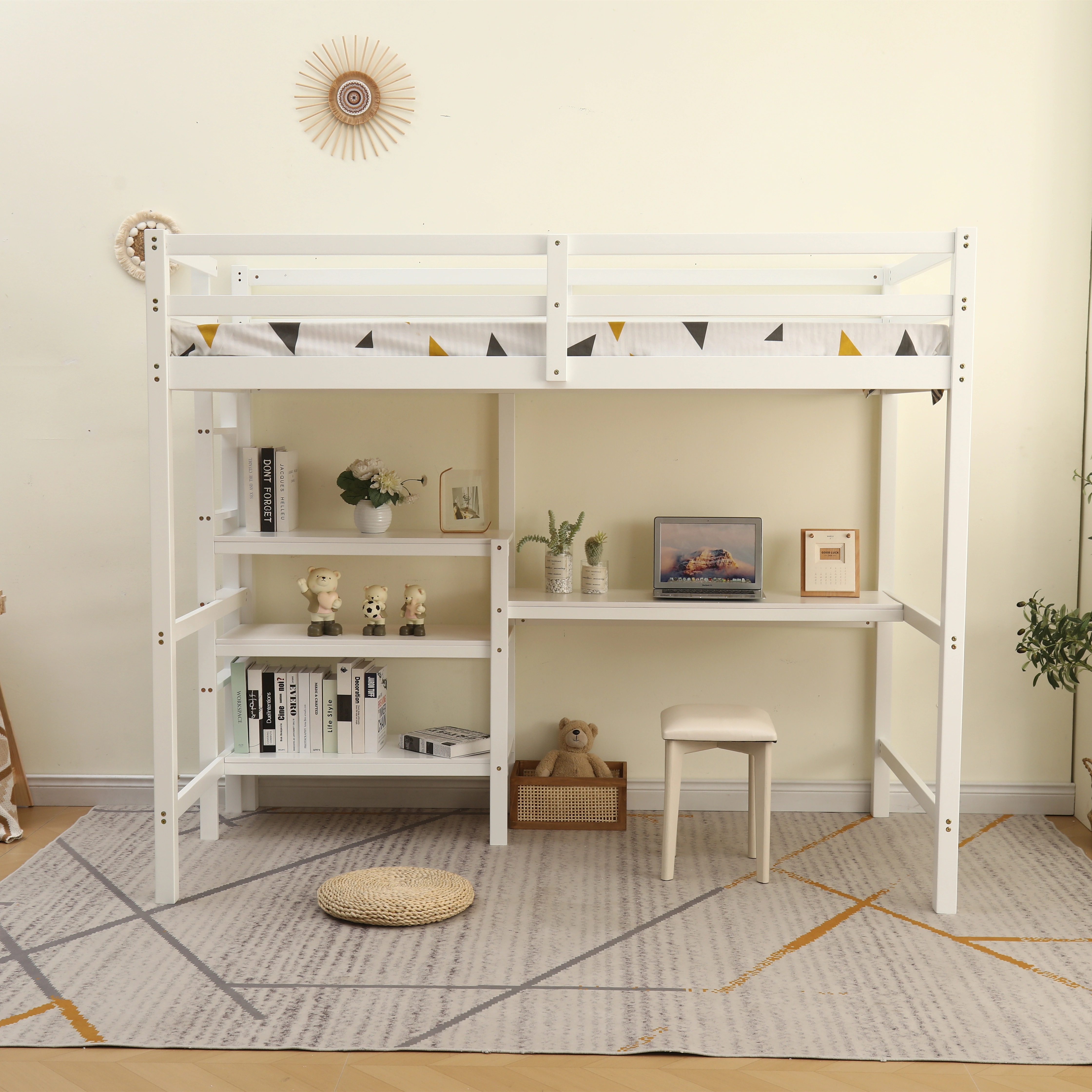 【期間限定】【新作】ロフトベッド 木製 デスク付く ハシゴ 棚 システムベッド 子供ベッド シングルウッド 階段 収納 北欧風 子供部屋 耐震 F