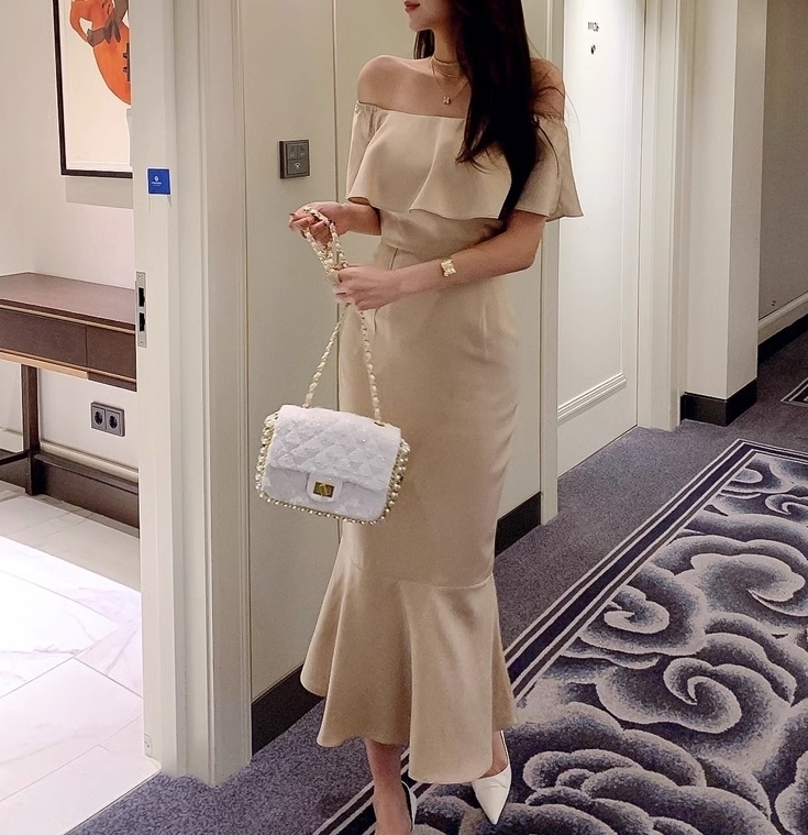 オフショルダー マーメイド ドレス タイト ワンピース 無地 ロング ホームパーティーアイテム カーキ 謝恩会 結婚式二次会 タイト Aライン オフショルダー フレア かわいい 大人可愛い きれいめ