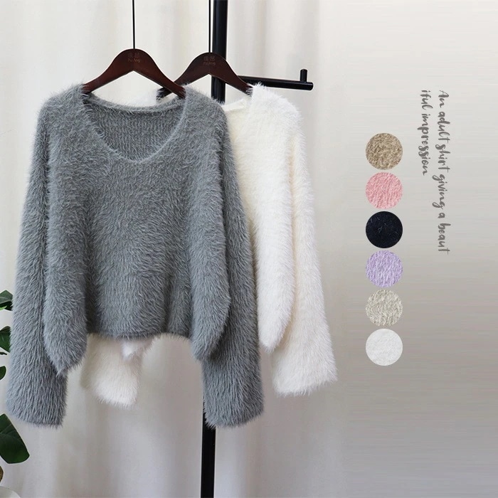 セーター ニット レディース 秋冬 ニットセーター シャギーニット シャギーセーター 秋 冬 トップス プルオーバー ニットトップス Uネック 起毛ニット ショート丈 モヘア ドロップショルダー ふわ