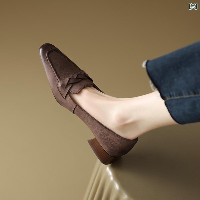 ローファー レディース オフィス 通勤 仕事 フレンチ レトロ シングル シューズ 女性 革 小さい スクエアトゥ 浅い口 小さい 革靴 ローヒール