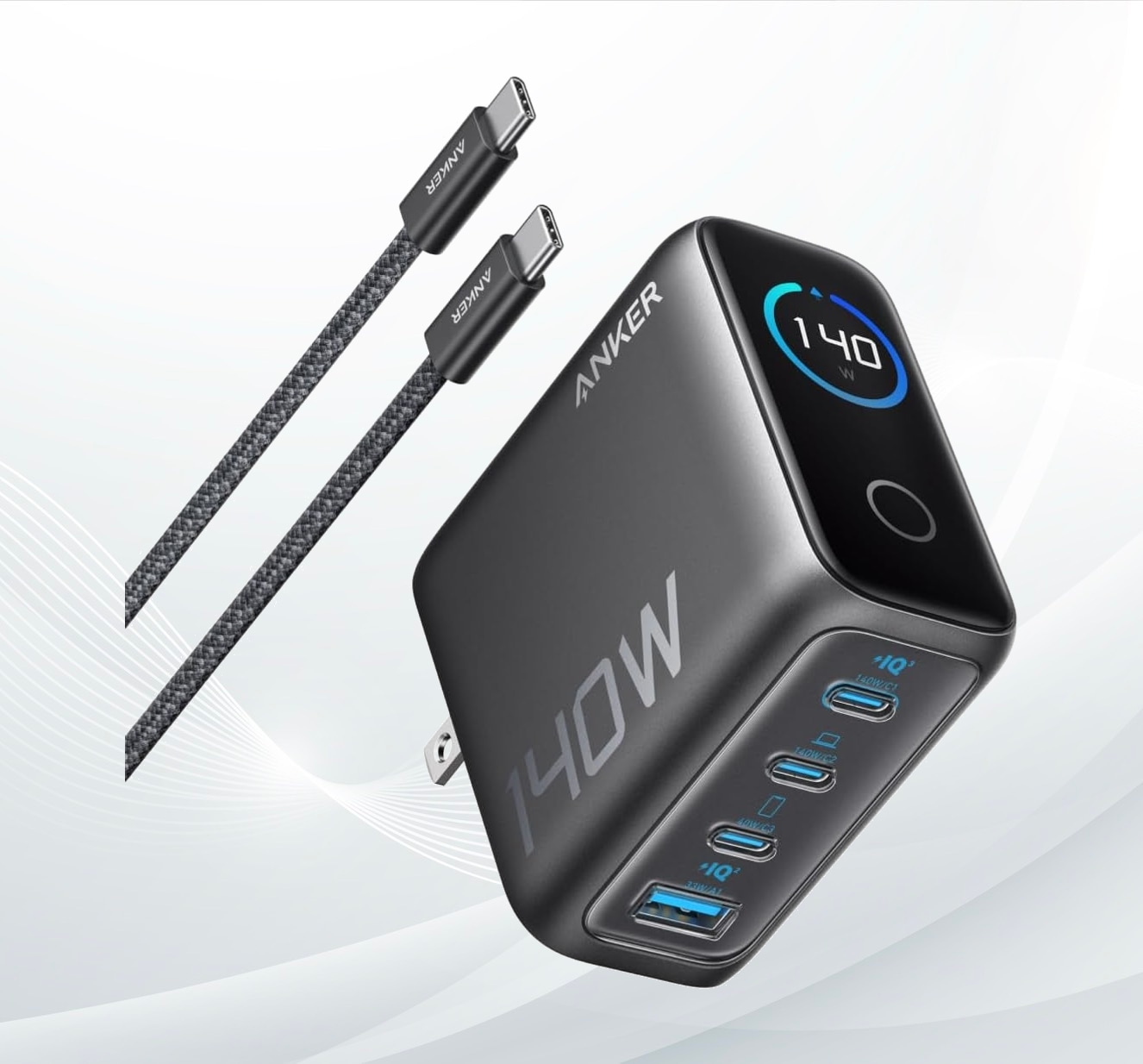 Anker Charger (140W, 4 Ports) with USB-C & USB-C ケーブル ダークグレーPSE技術基準適合折りたたみ式プラグiPhone 17 MacBook PD対応