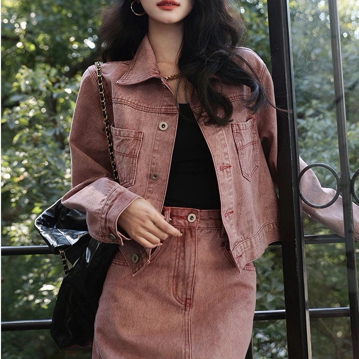 ジャケット デニム セットアップ 韓国 ピンク デニム オーバーサイズ ワイドパンツ レディース デニムジャケット 上下セット ストレート アウター Gジャン 羽織り 学生 上下セットカジ