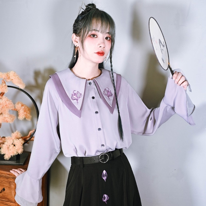 チャイナ風シャツ レディース 蓮鶴 刺繍トップス ブラウス 長袖 オリジナル むらさき パープルトップス