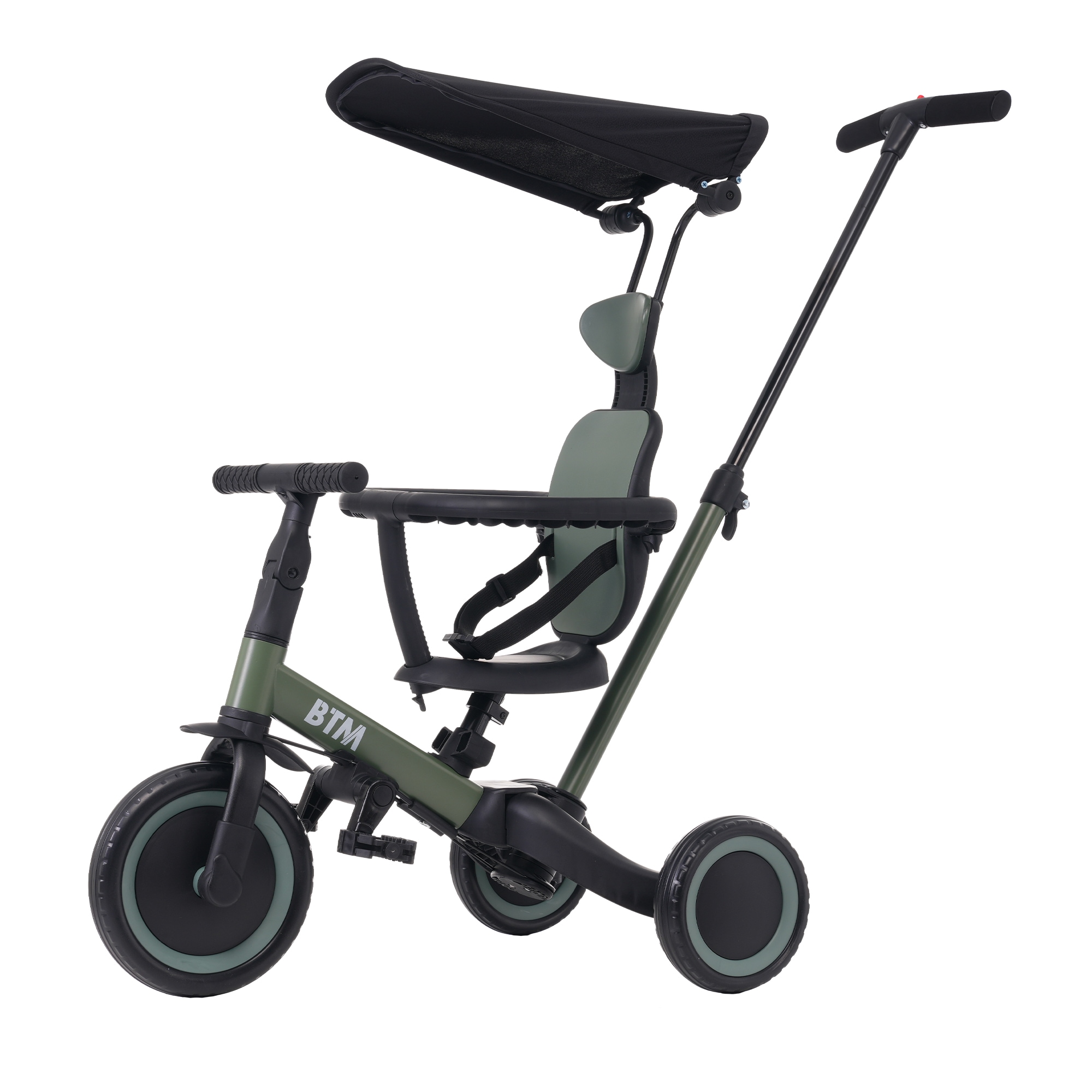 【マットグリーン】 子供用三輪車 5in1自転車 オリジナル 押し棒付き 安全バー付き キックボード カップホルダー ベル バッグ付き サンシェード付き