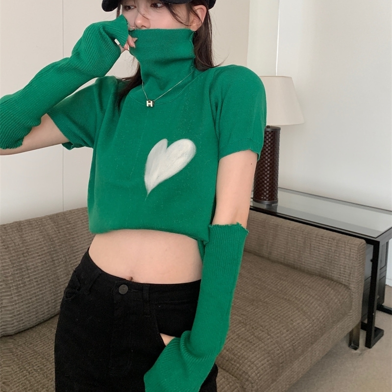 2カラー トップス レディース ハイネック ニット セーター 半袖 リブ ハート ワンポイント アームカバー 今っぽ 流行り ブラック グリーン ガーリー 女の子らしい キュート こなれ感 大人