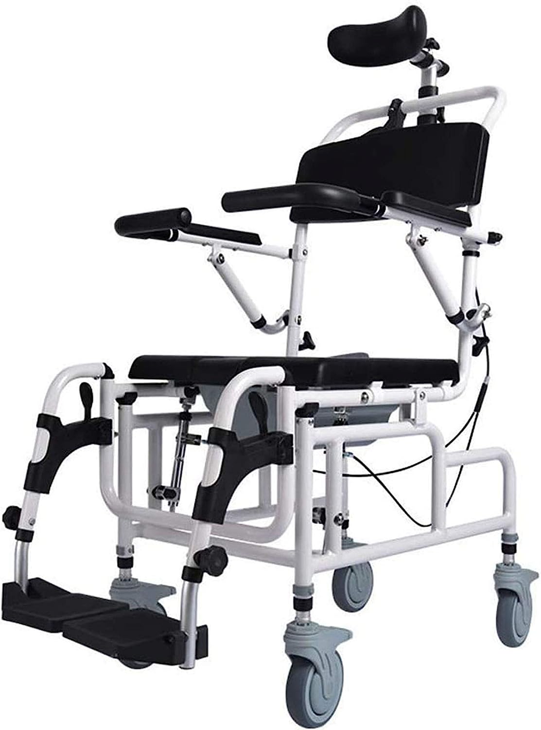 アップグレードされたシャワーチェアティルトインスペースリクライニングシャワー/トイレ便器チェアパッド入りシート背もたれアームレスト付きフリップアップアームおよびフットレスト便器ペール調整