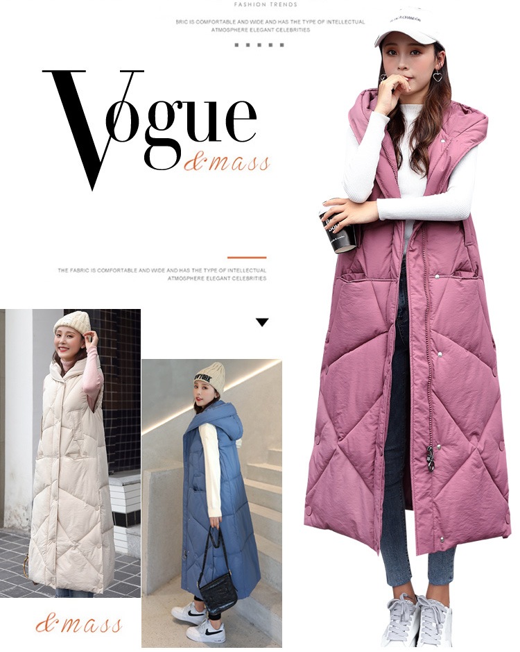 ロングダウンベスト ダウン ベスト ロング レディース モコモコ アウター 長い フード付き ピンク 白 ブルー 黒 無地 袖なし 可愛い 大人可愛い かっこいい おしゃれ カジュアル 暖かい 防寒