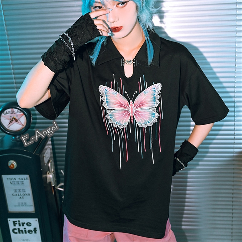 綿100%tシャツ チャイナ風 トップス 半袖 レディース 黒色 ポロ 蝶刺繍 水滴型ネック 可愛い カットソー 個性 コットン 着瘦せ サイバーパンク 4,812円