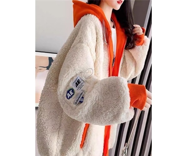 重ね着風 フェイクツーピース レディース ジャケット アウター 上着 ミドル丈 長袖 ストリート ヒップホップ もこもこ ふわふわ ファスナー ポケット フード フリース ベルベット かわいい