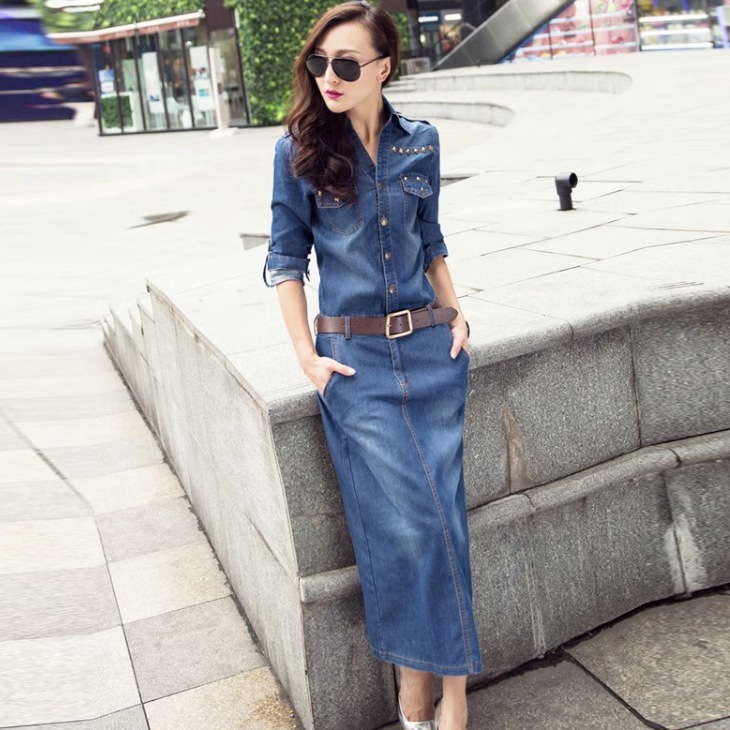 ワンピース デニムワンピース ワンピドレス ロング ロング丈 袖あり 長袖 襟付き ストレート Iライン スリット バックスリット ポケット ハイウエスト 前開き デニム ブルーデニム かわいい